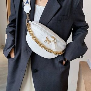 Gold chain vegan leather croc embossed fanny pack bum bag white minimalist